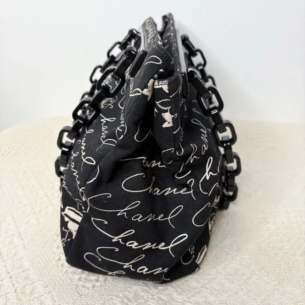 Y2K Vintage CHANEL Canvas Camellia Flower Tote Authentic Acrylic Chain Strap - Picture 9 of 11